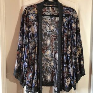 Free People Floral Black Lace Trimmed Kimono